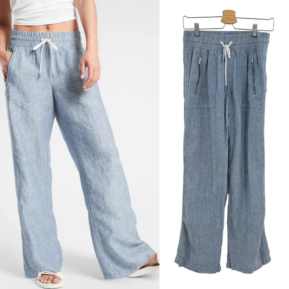 Athleta Cabo Linen Wide Leg Pant Chambray Blue Size 0
